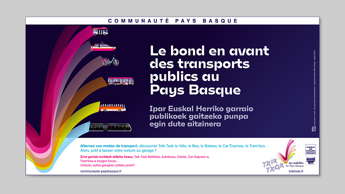Visuel générique de la campagne favorisant les modes de transports alternatifs à la voiture sur l’ensemble du Pays Basque.